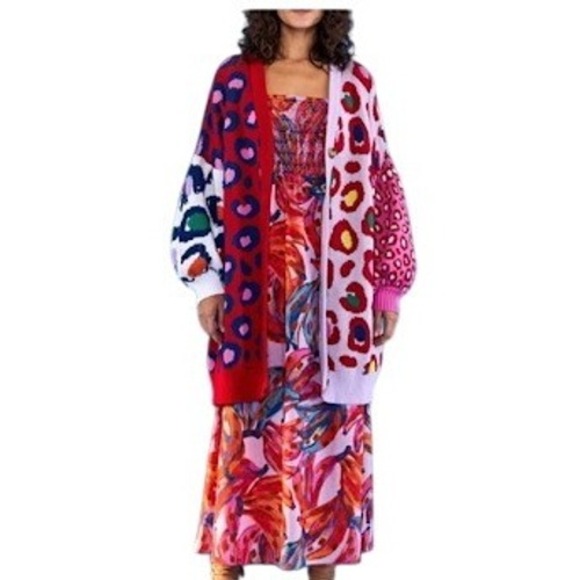 FARM Rio Leopard Pop Mid Length Cardigan XS 100% Cotton NEW Oversized Maximalism - Picture 2 of 9
